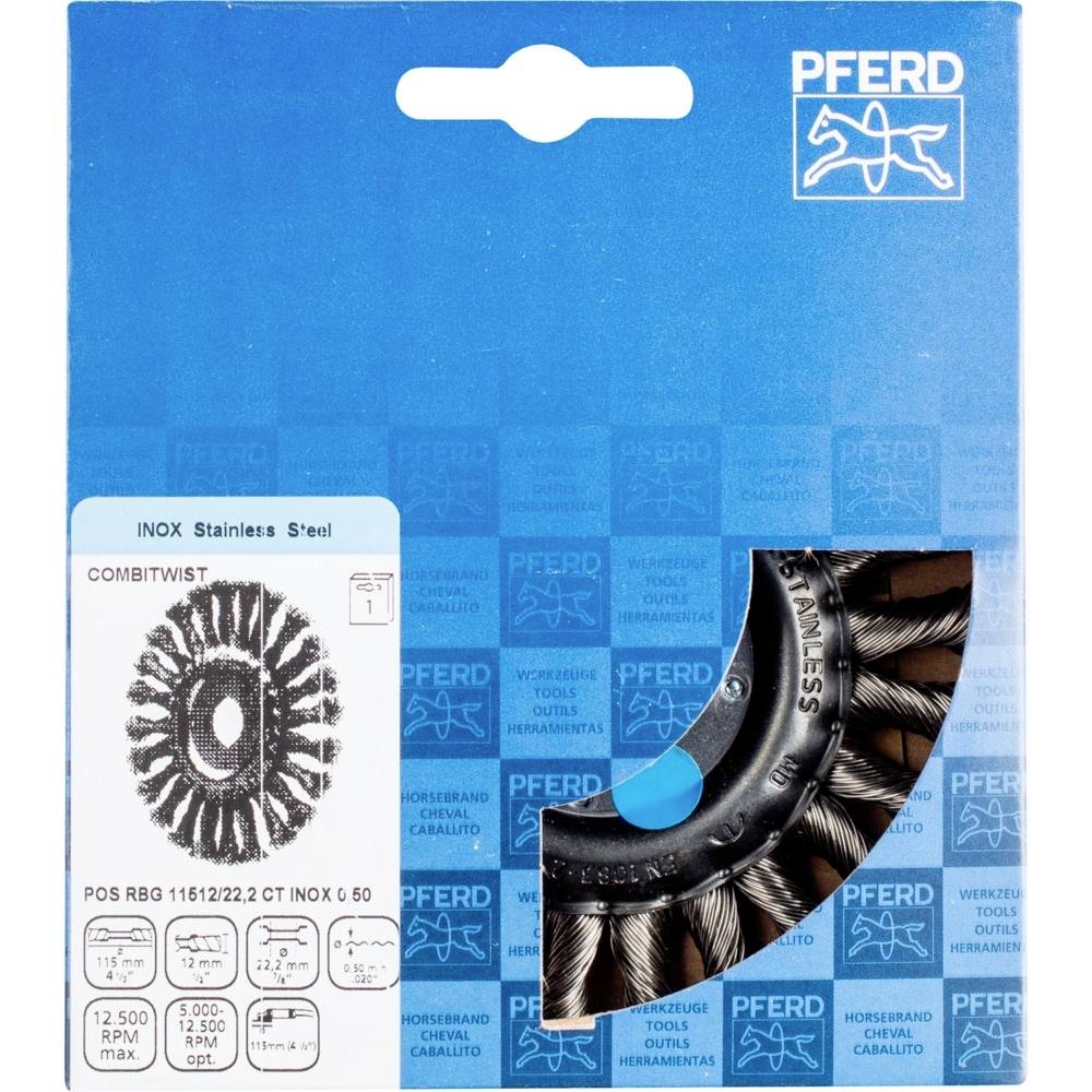 'PFERD INOX Stainless Steel Kombischeibe' Verpackung mit abgebildeter Drahtbürste für industrielle Anwendungen dargestellt.
