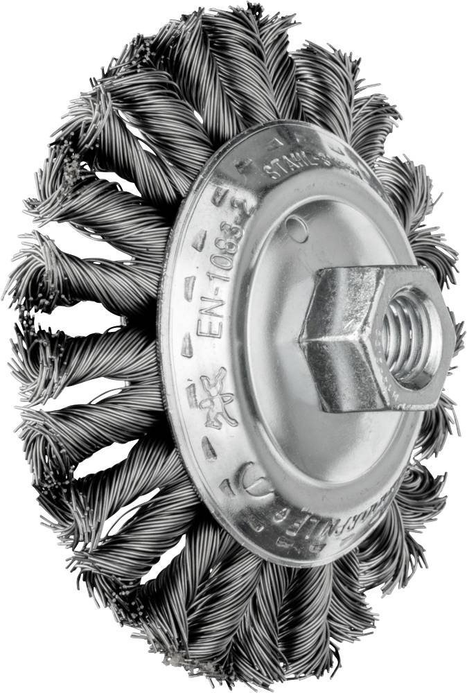 Drahtbürstenkopf aus Metall mit gedrehten Borsten, geeignet für Schleif- und Reinigungsanwendungen auf Metalloberflächen.