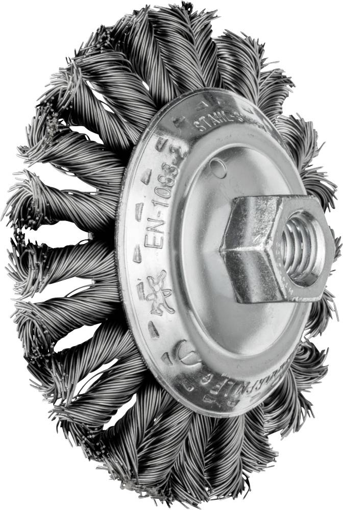 Eine runde Drahtbürste mit gezwirbelten Metallborsten und einer zentralen Mutter, verwendet zum Reinigen oder Entgraten von Oberflächen.