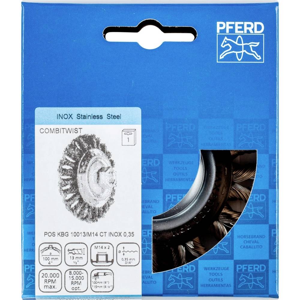 'PFERD INOX Stainless Steel'-Verpackung mit COMBITWIST-Bürstenrad-Abbildung, Drehzahlen und Größenangaben vorne, blaues Design.