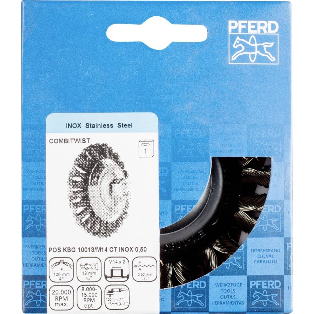 'PFERD' Verpackung für eine Rundbürste aus Edelstahl, Typ 'COMBITWIST', geeignet für Winkelschleifer mit 20.000 U/min und M14 Gewinde.