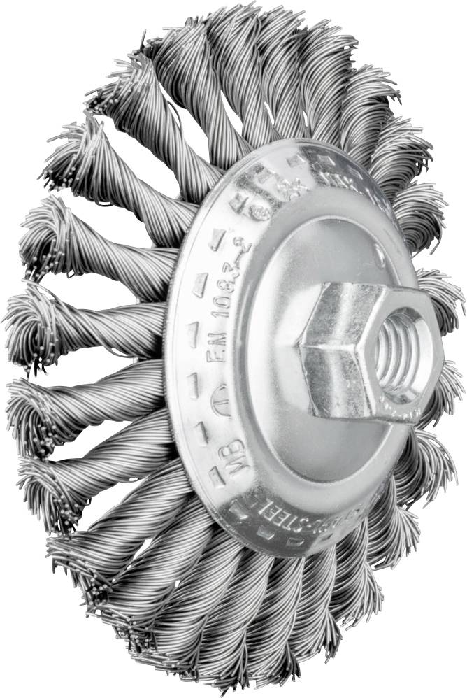 Metallbürste mit verdrehten Drahtborsten auf Metallträger, zur Reinigung von Oberflächen.