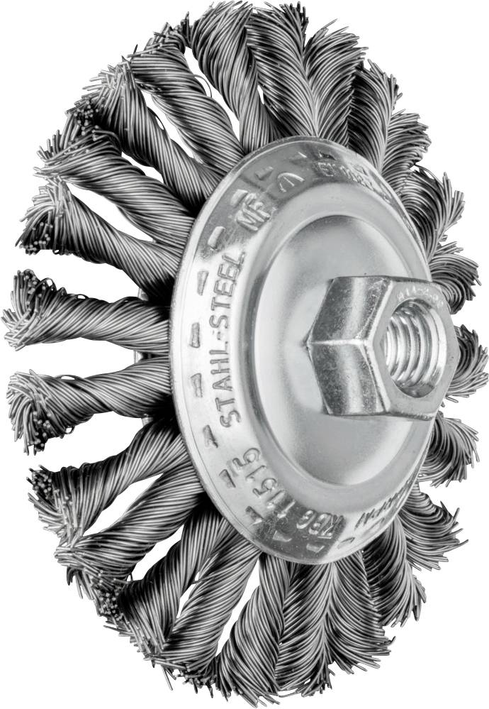 Drahtbürste mit verdrillten Borsten und Metallschraube in der Mitte, geeignet für Reinigung und Rostentfernung von verschiedenen Oberflächen.