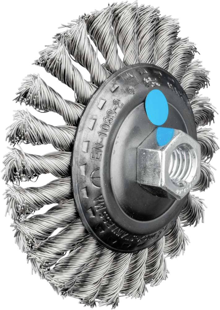 Eine runde Drahtbürste mit verdrehten Borsten und einer zentralen Mutter zur Befestigung an einem Elektrowerkzeug.