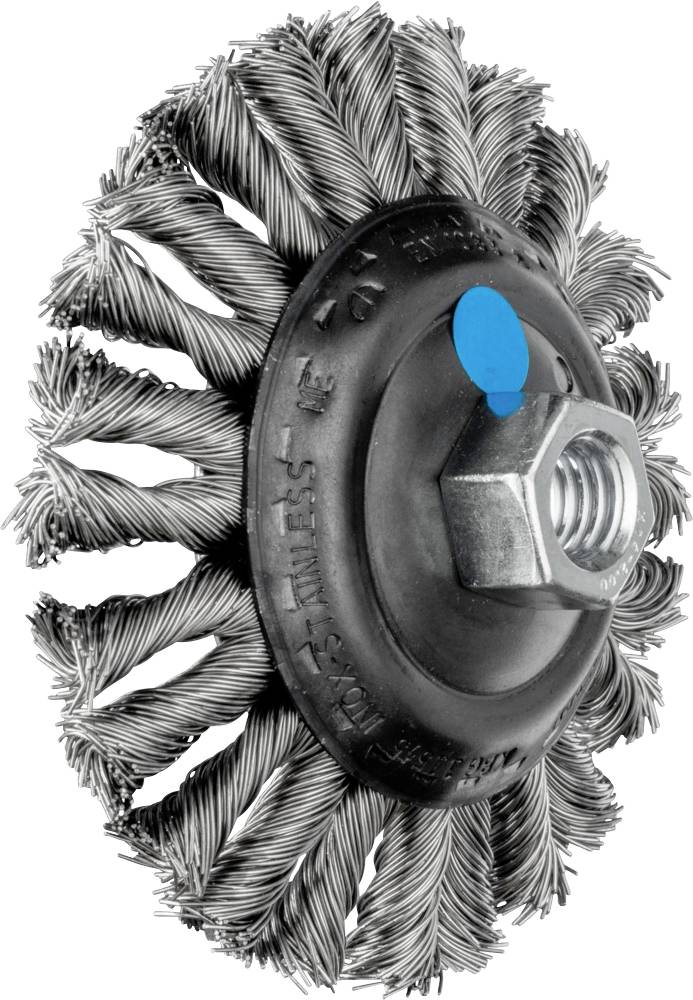 Drahtbürstenrad mit Metallborsten und blauem Punkt auf der Oberseite. Verwendet für das Entfernen von Rost oder Farbe auf Metalloberflächen.
