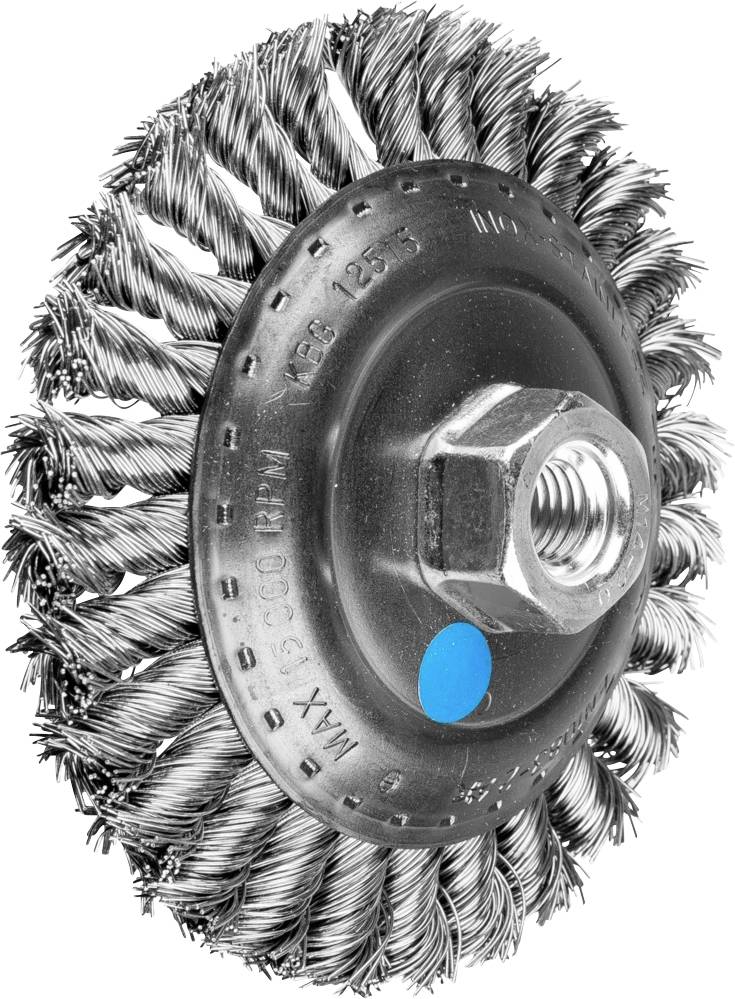 Runder Drahtbürstenaufsatz mit Metallborsten und Mittelschraube, geeignet für Reinigungs- und Schleifarbeiten auf metallischen Oberflächen.