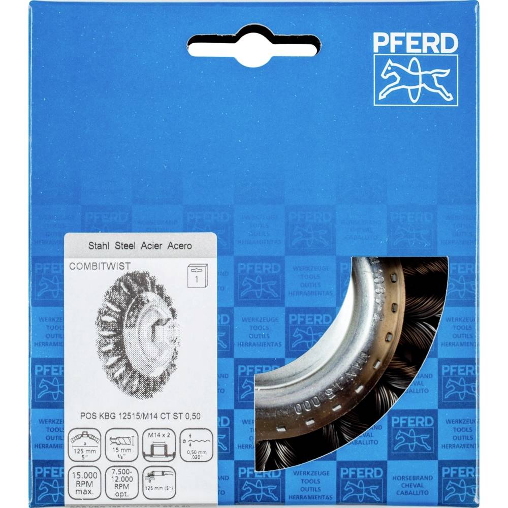 Verpackung einer PFERD Stahlbürste Typ COMBITWIST, geeignet für max. 15.000 U/min und 2.500 U/min, M14-Gewinde.