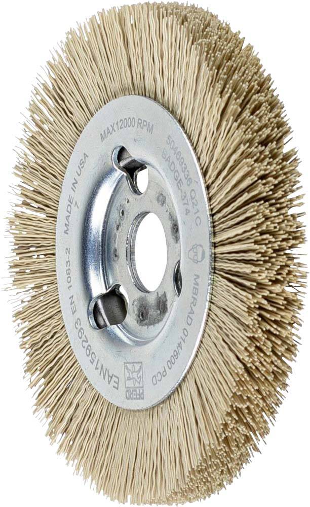 Drahtbürstenaufsatz in Scheibenform, geeignet für Schleifmaschinen, mit aufgedruckten technischen Angaben zur maximalen Drehzahl.