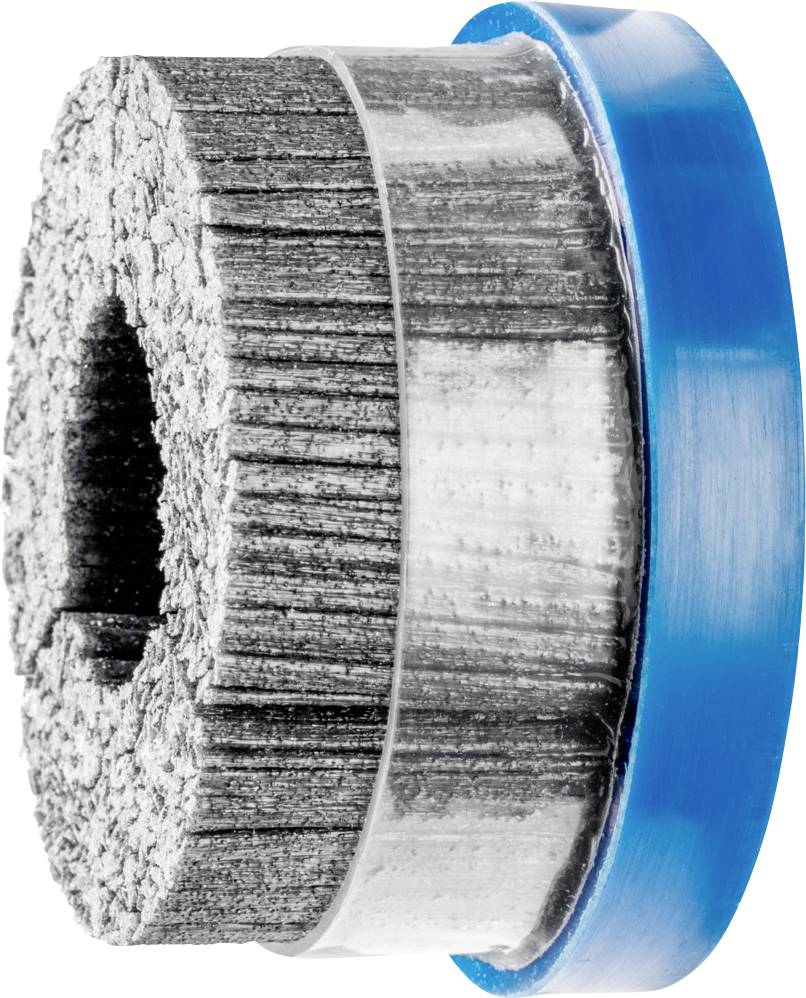 Runder Schleifaufsatz mit blauen und grauen Borsten, seitlich aufgenommen.