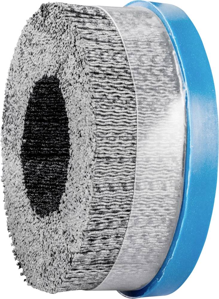 Runde, graue Bürste mit blauen Kunststoffteilen, seitliche Ansicht. Die Borsten sind gleichmäßig angeordnet, mit einer Öffnung in der Mitte.