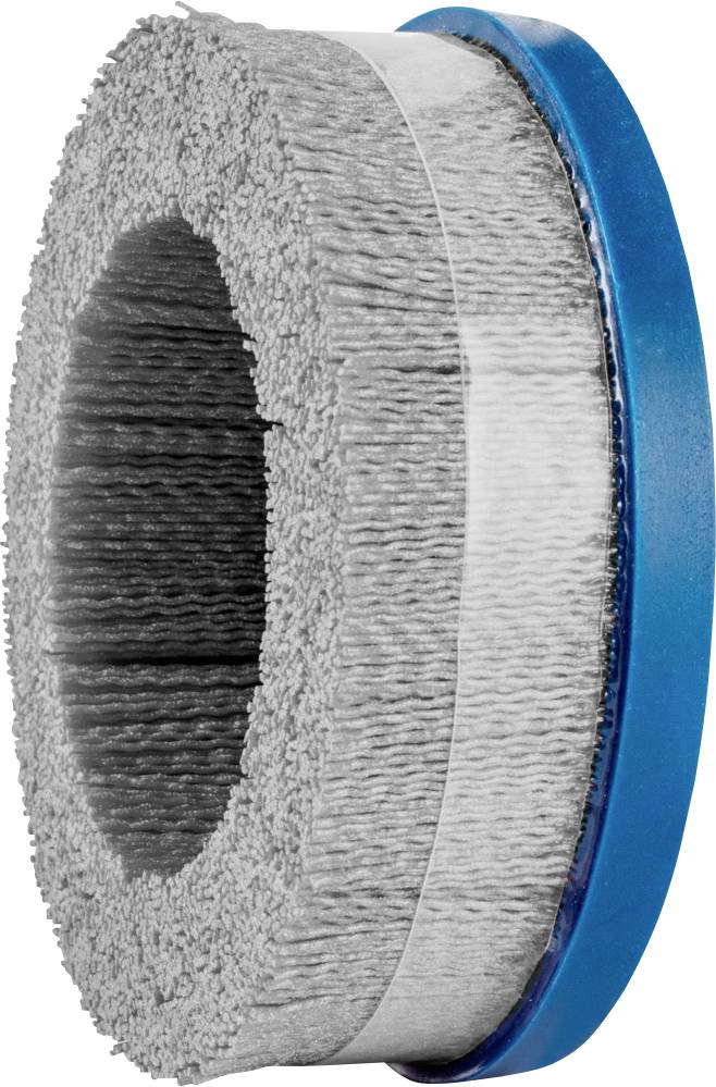 Eine rotierende Drahtbürste mit grauen Borsten und einem blauen Rand, zur Metallreinigung und -politur.