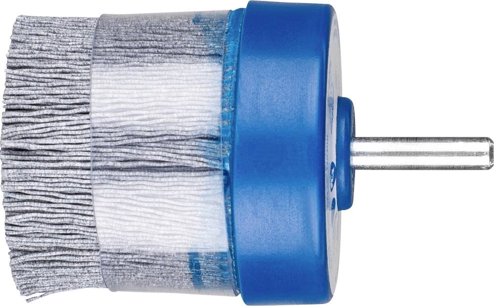 Runde Drahtbürste mit blauem Kunststoffgehäuse und Metallborsten, geeignet zur Reinigung und zum Entgraten von Oberflächen.