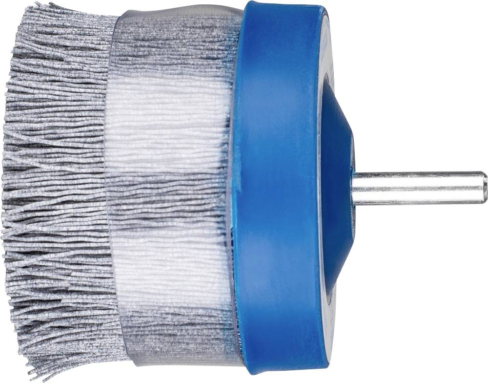 Seitenansicht einer Drahtbürste mit blauen Plastikgehäuse und Metallborsten. Sie hat einen metallischen Schaft zum Einspannen.