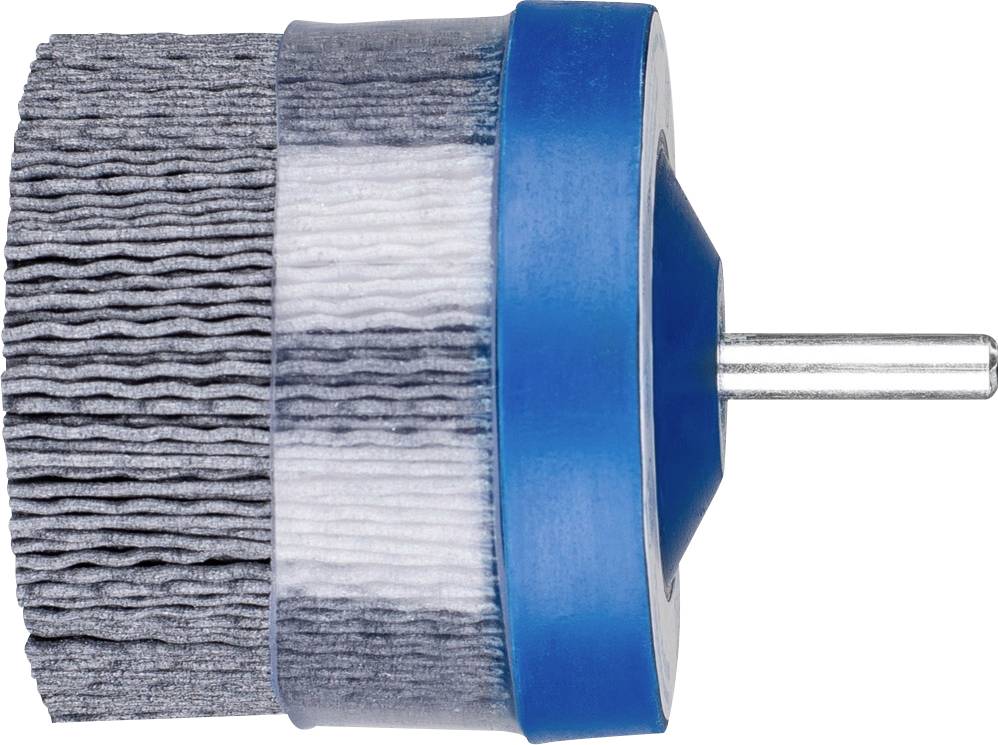 Runde Drahtbürste mit blauen Kunststoffelementen und Metallstiel zur Befestigung auf Werkzeugen, zur Reinigung oder Entgratung.