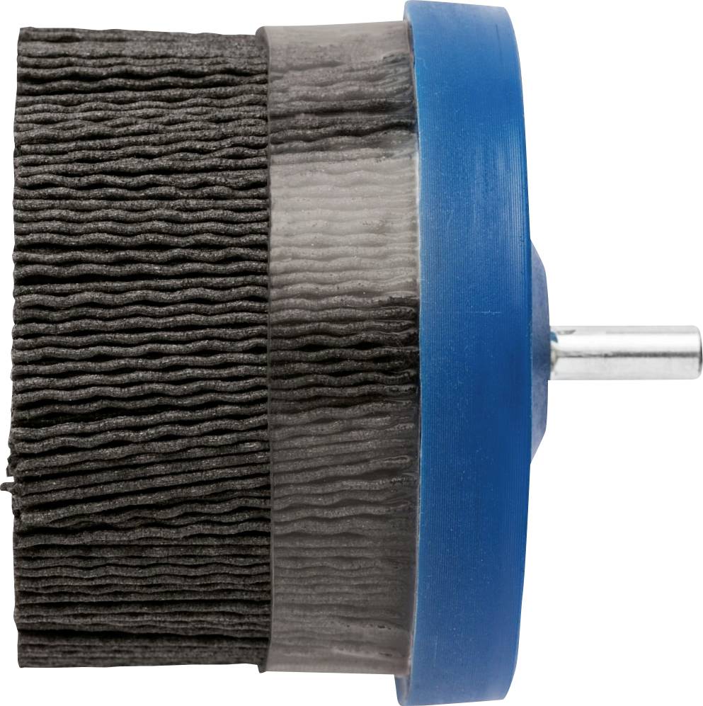 Eine runde Schleifbürste mit einem blauen Kunststoffgehäuse und grauen Borsten; sie hat einen metallischen Stift zur Befestigung an Werkzeugen.