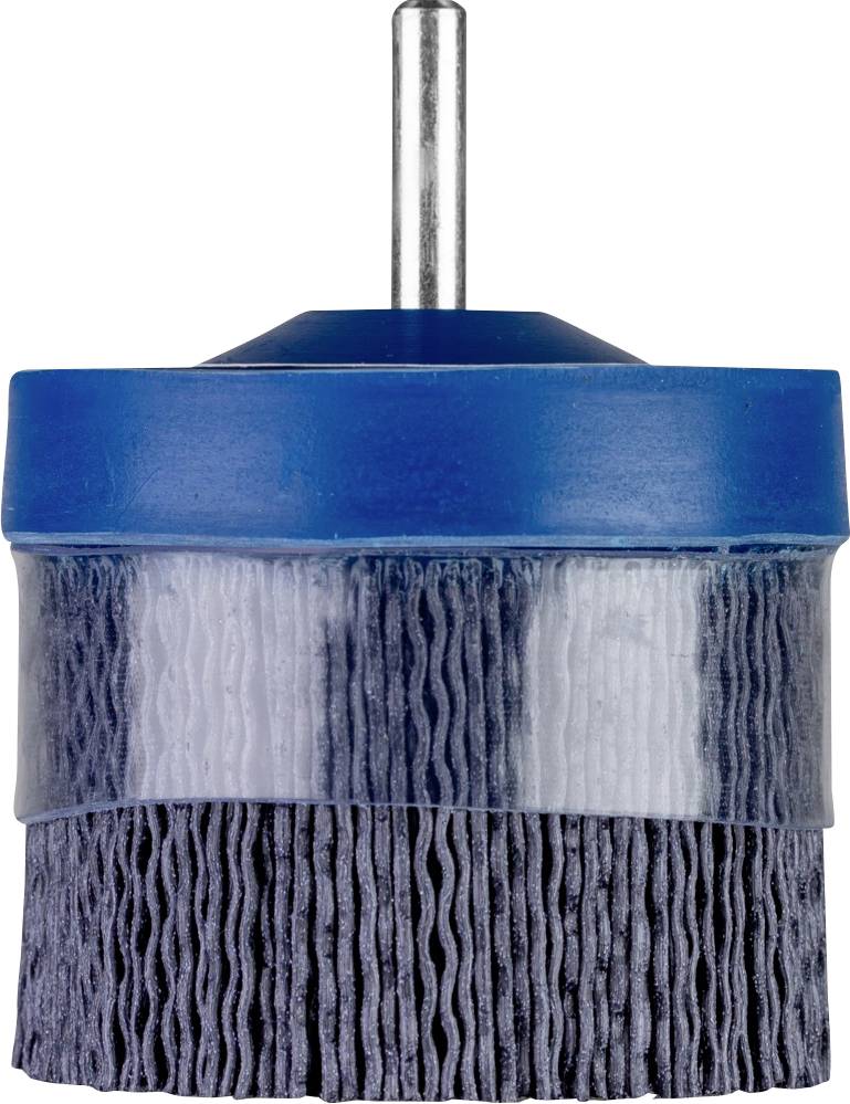 Ein blauer Rundbürstenaufsatz mit Metallhalterung, Borsten sind grau und in einer spiralförmigen, kompakten Anordnung.