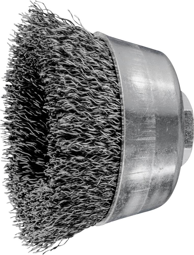 Eine grobe Drahtbürste mit metallischen Borsten und rundem Gehäuse, geeignet zum Entfernen von Rost oder Farbe.