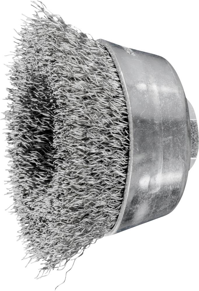 Runde Drahtbürste mit Metallborsten, seitlich abgebildet. Geeignet für die Reinigung von Oberflächen und das Entfernen von Rost.