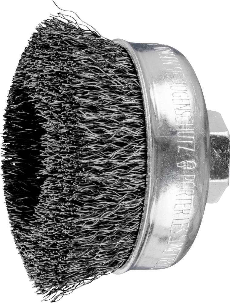 Drahtbürstenteller mit Metallborsten, geeignet für Schleifarbeiten. Text auf der Seite erwähnt 'Schutz verwenden'.