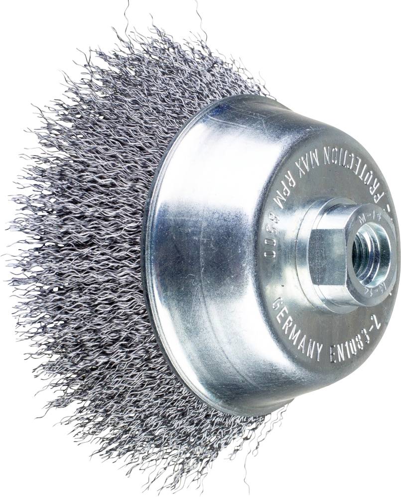 Eine runde Drahtbürste mit Metallborsten und Befestigungsgewinde. Sie wird zur Reinigung und zum Entfernen von Rost verwendet.