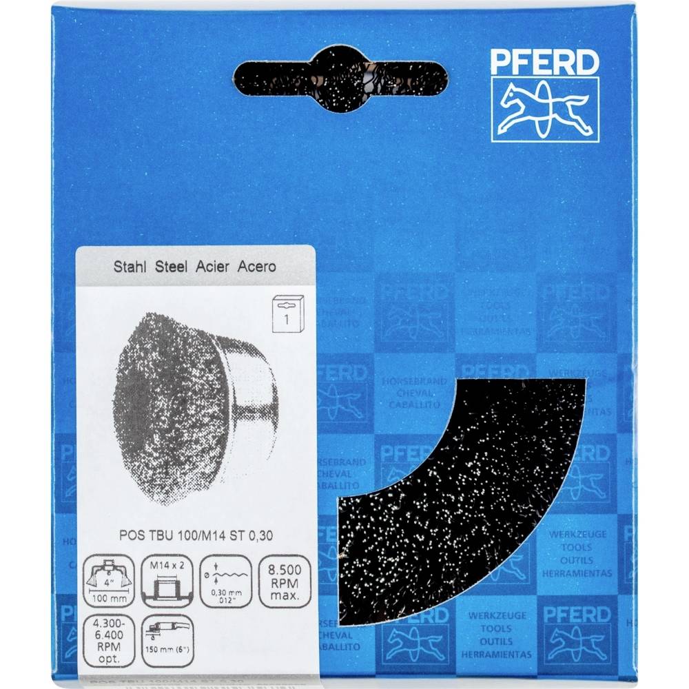 Blauer Karton mit der Aufschrift 'Pferd', zeigt ein industrielles Bürstenwerkzeug für Stahl. Maximale Drehzahl: 8.500 U/min.