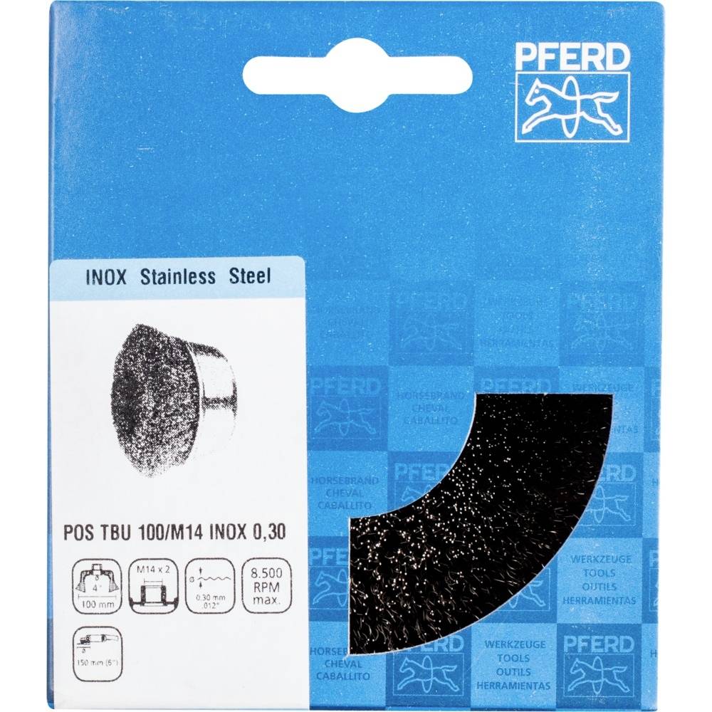 'PFERD' Verpackung für eine Edelstahl-Drahtbürste, Modellnummer POS TBU 100/M14 INOX 0,30. Geeignet für maximal 8.500 U/min.