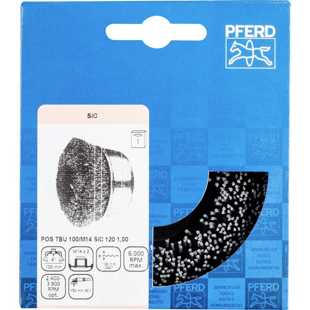 Verpackung einer Riffelscheibe mit der Aufschrift 'SiC 120' und technischen Details wie Drehzahl und Anschlussmaße auf blauem Hintergrund.