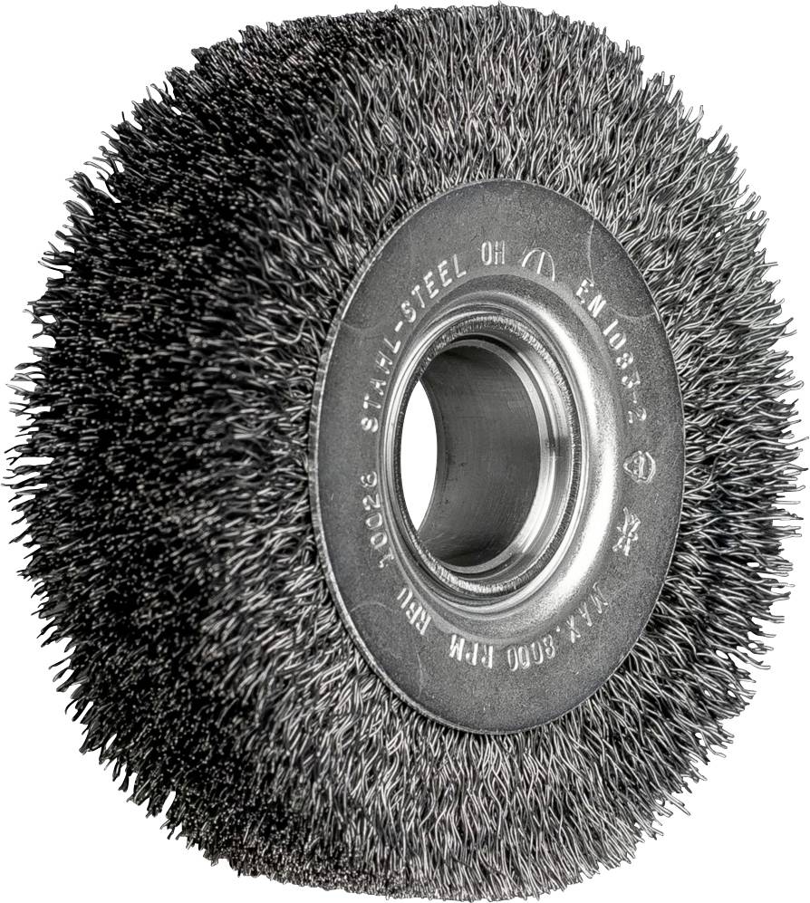 Runde Stahldrahtbürste mit Metallkern, verwendet für Schleifarbeiten und Reinigung von Oberflächen.