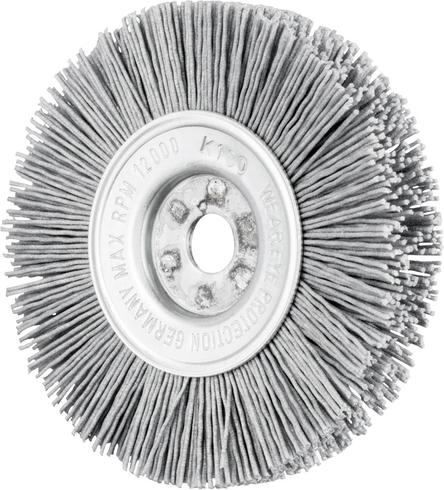 Eine runde Drahtbürste mit radial angeordneten Borsten, geeignet für Schleif- oder Polierarbeiten. Metallzentrum mit Bohrloch.