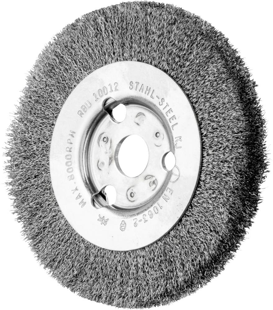 Drahtbürstenscheibe aus Stahl, geeignet für Reinigung und Entgraten von Oberflächen, mit max. 6000 U/min beschriftet.