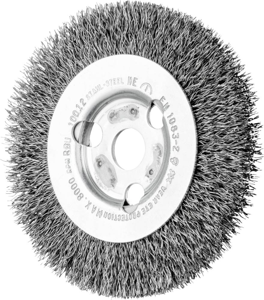 Runde Drahtbürste mit Metallborsten und zentraler Befestigungsöffnung, geeignet zur Reinigung und Politur von Oberflächen.