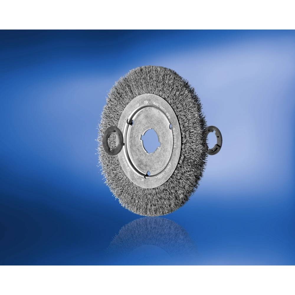 Runde Drahtbürste mit Metallträger und Borsten, dargestellt vor blauem Hintergrund. Hauptsächlich zum Reinigen von Oberflächen verwendet.