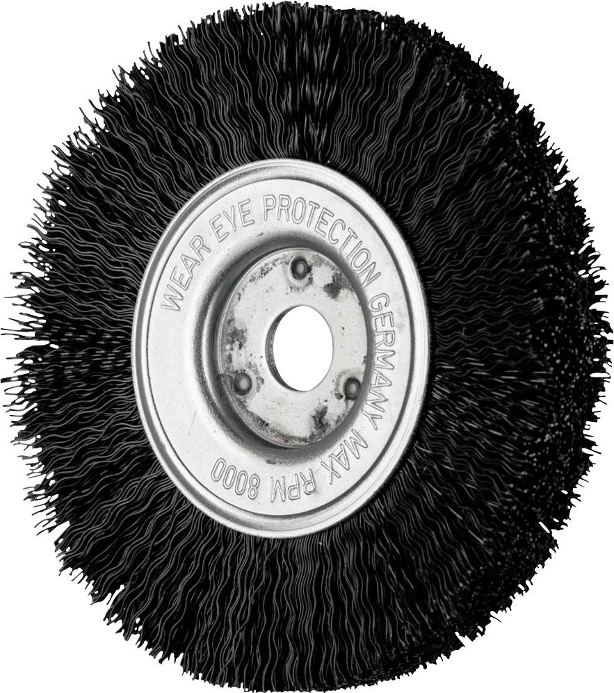 Runde Metallbürste mit dichten, gleichmäßigen Borsten. Zentrum ist silbrig mit Text 'WEAR EYE PROTECTION'.