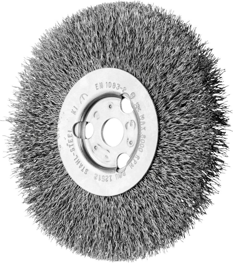 Eine Stahlbürste mit runden Metallborsten, geeignet für Reinigungs- und Polierarbeiten auf verschiedenen Oberflächen.