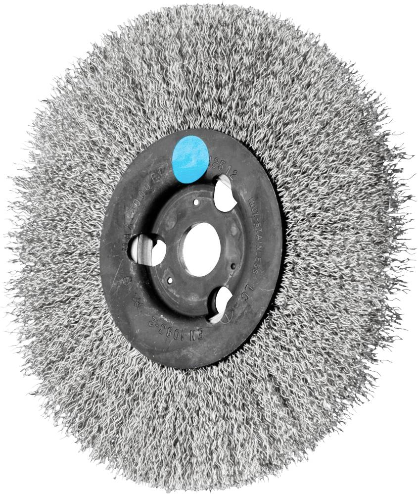 Eine rotierende Drahtbürste mit blauem Markierungspunkt, verwendet zum Schleifen oder Entfernen von Rost auf Metalloberflächen.