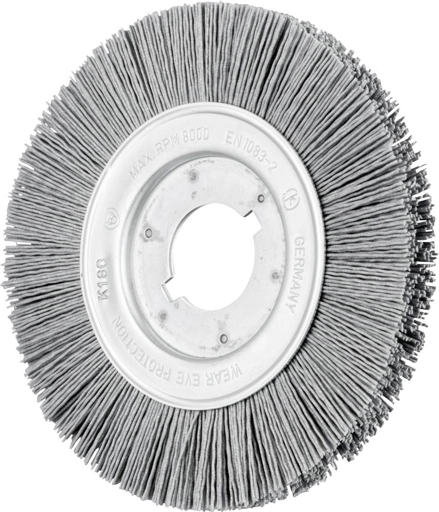 'Runde Schleifscheibe mit Borsten aus grau-silbernem Draht und Metallzentrum. Aufschrift: 'K180', 'Wear Eye Protection', 'Germany'.'