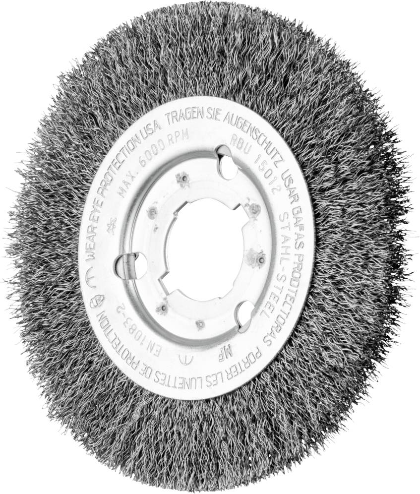 Drahtbürstenaufsatz mit Aufschrift 'Tragen Sie Augenschutz'. Geeignet für die Bearbeitung von Metalloberflächen.