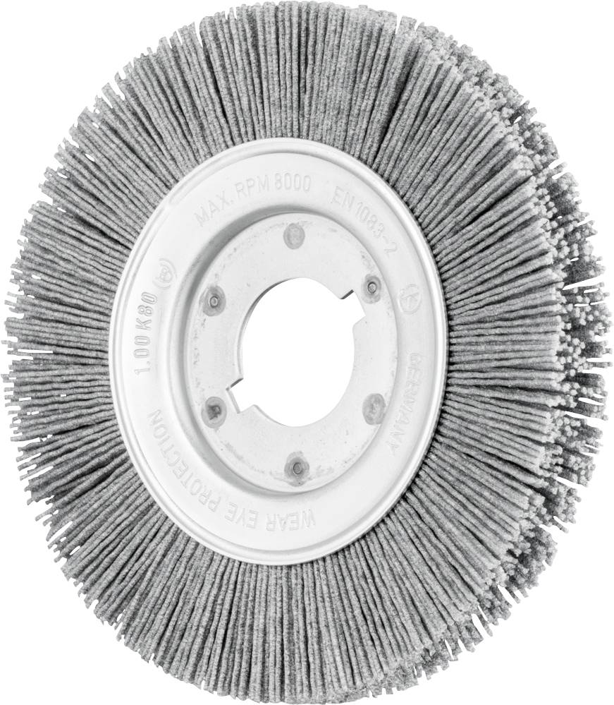 Eine runde Schleifscheibe mit Borsten aus grauem Material, geeignet für Drehwerkzeuge zum Schleifen oder Polieren von Oberflächen.