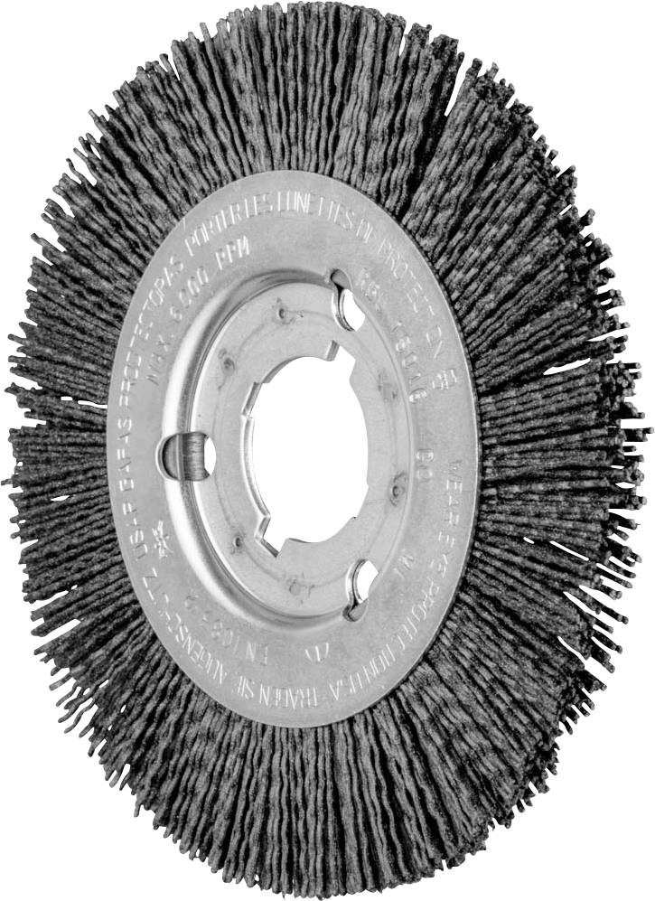 Schleifbürste mit Metallkörper und Borsten für industrielle Nutzung. Geeignet zum Entfernen von Rost, Farbe oder zur Oberflächenreinigung.
