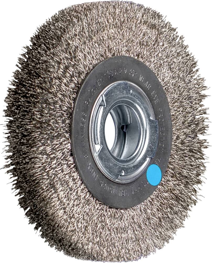 Rundbürste mit dichten Metallborsten und einer Metallmitte für den Einsatz in der Oberflächenbearbeitung.