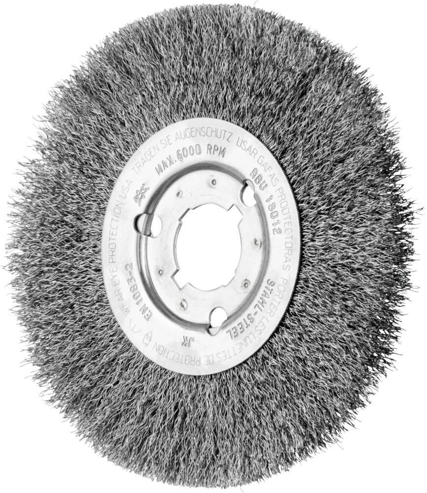 Eine runde Drahtbürste mit dichter Besatzung, die für hochtourige Anwendungen verwendet wird. Sicherheitshinweise auf der Metallbasis.