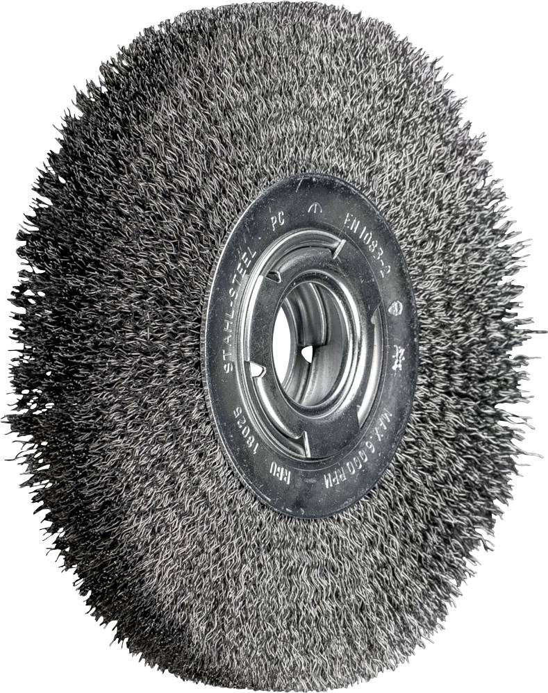 Stahlbürstenrad mit dichten, metallischen Borsten um eine kreisförmige Halterung, oft für Oberflächenreinigung oder Rostentfernung verwendet.