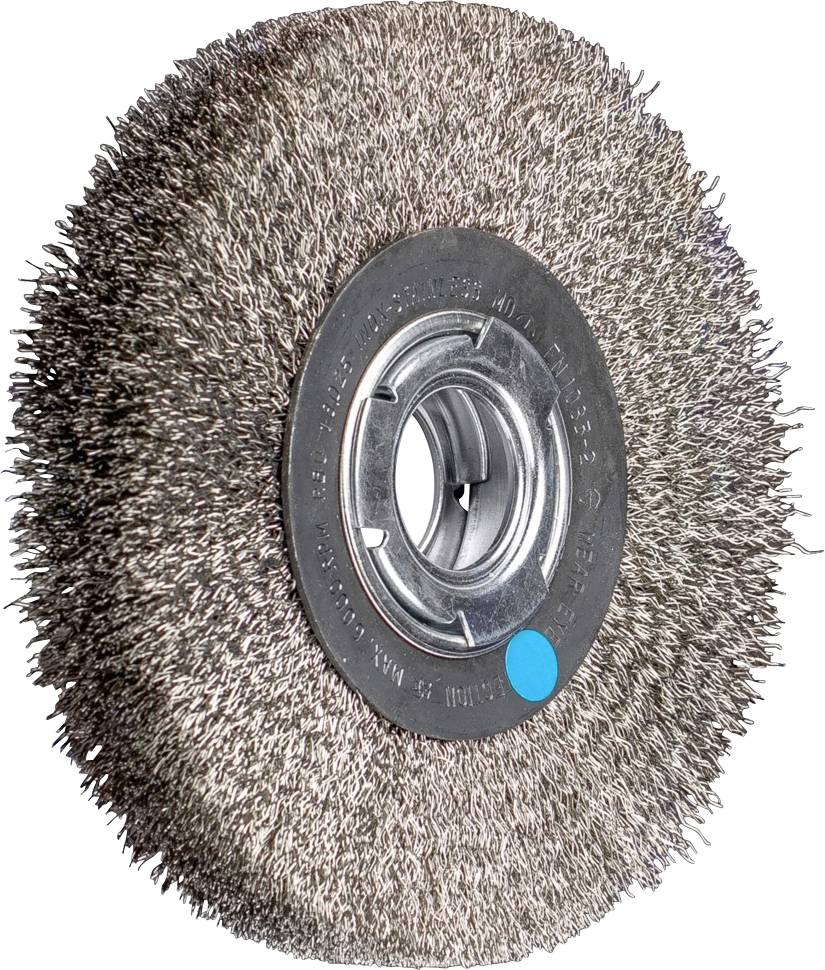 Drahtbürste mit runden Borsten auf einer Metallplatte, geeignet zum Entrosten und Reinigen von Oberflächen.