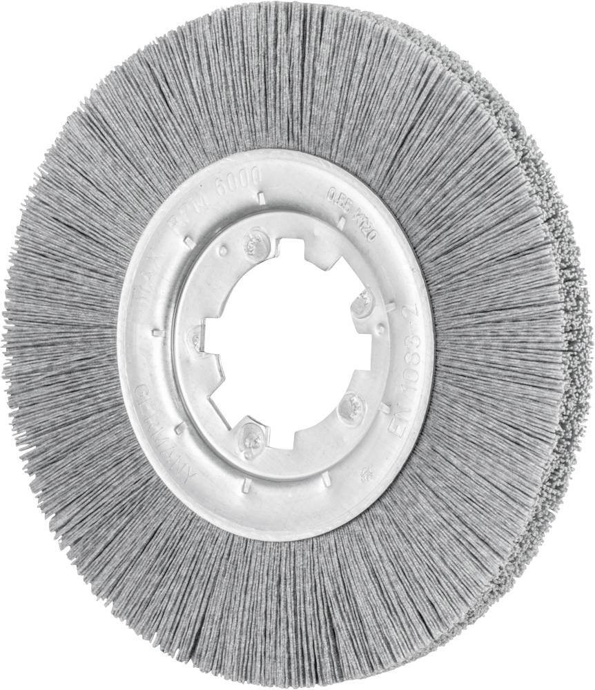 Graue Bürstenscheibe mit Metallhalterung in der Mitte. Verwendet für Schleif- oder Reinigungsarbeiten.