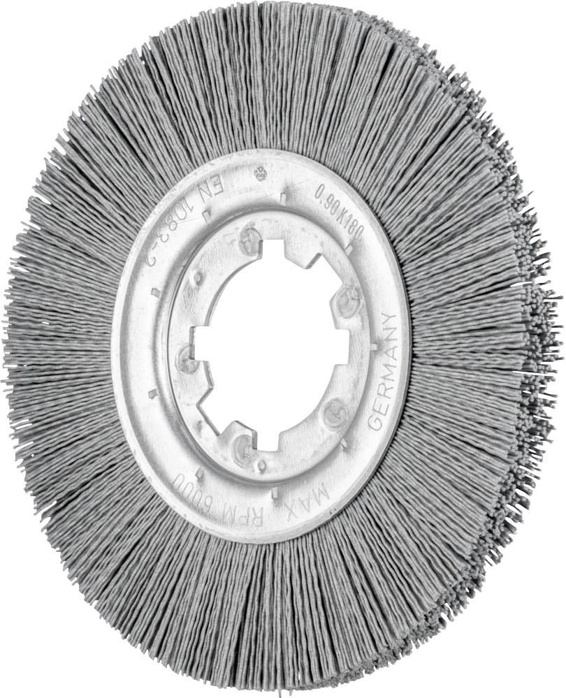 Eine runde Metallbürste mit dichten Borsten und einer zentralen Bohrung. Geeignet zum Reinigen oder Schleifen von Oberflächen.