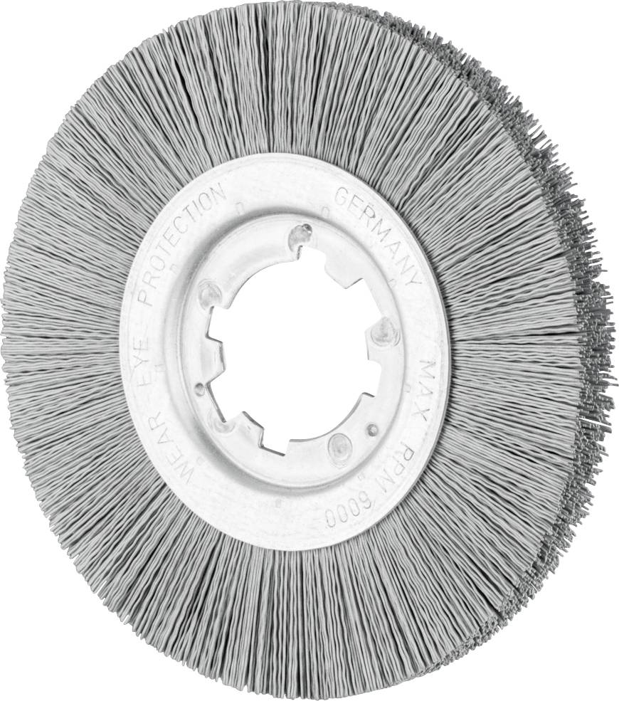Metallbürstenscheibe mit Warnhinweis: Tragen Sie Augenschutz.