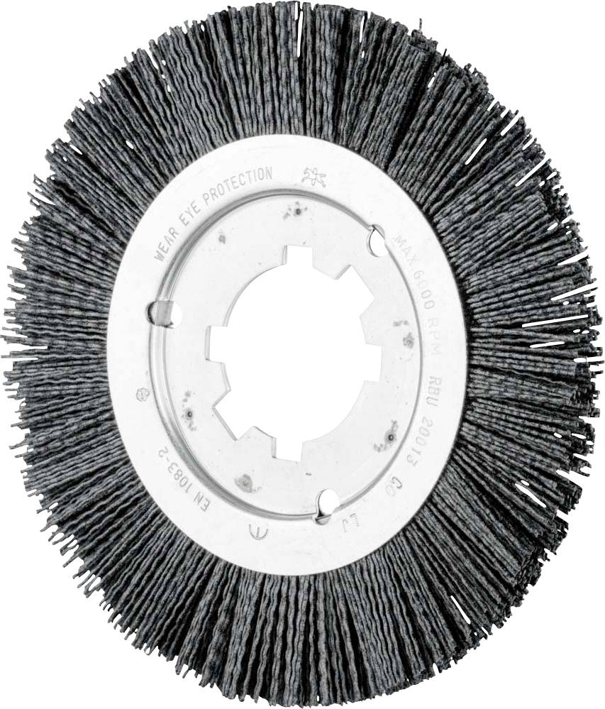 Runde Drahtbürste mit Borsten aus Metall, geeignet für Reinigungs- oder Schleifarbeiten auf verschiedenen Oberflächen.