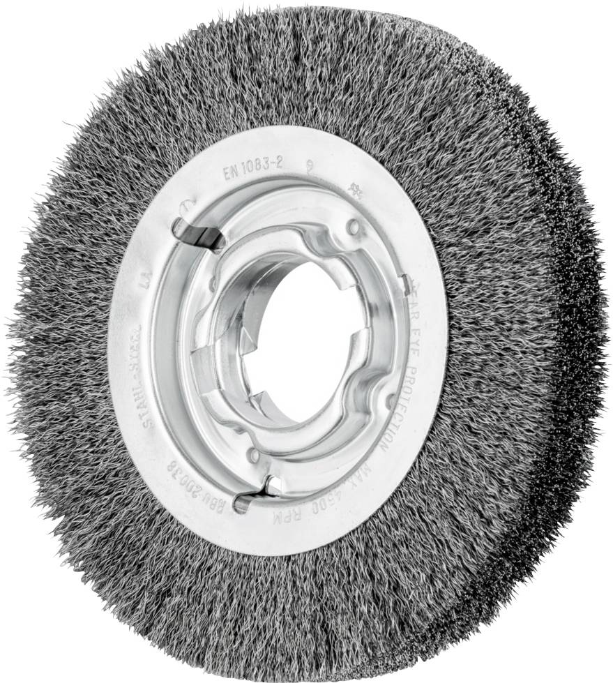 Stahldrahtbürste in Form einer Scheibe, verwendet zum Schleifen oder Reinigen von Metalloberflächen. Rundes Metallzentrum.