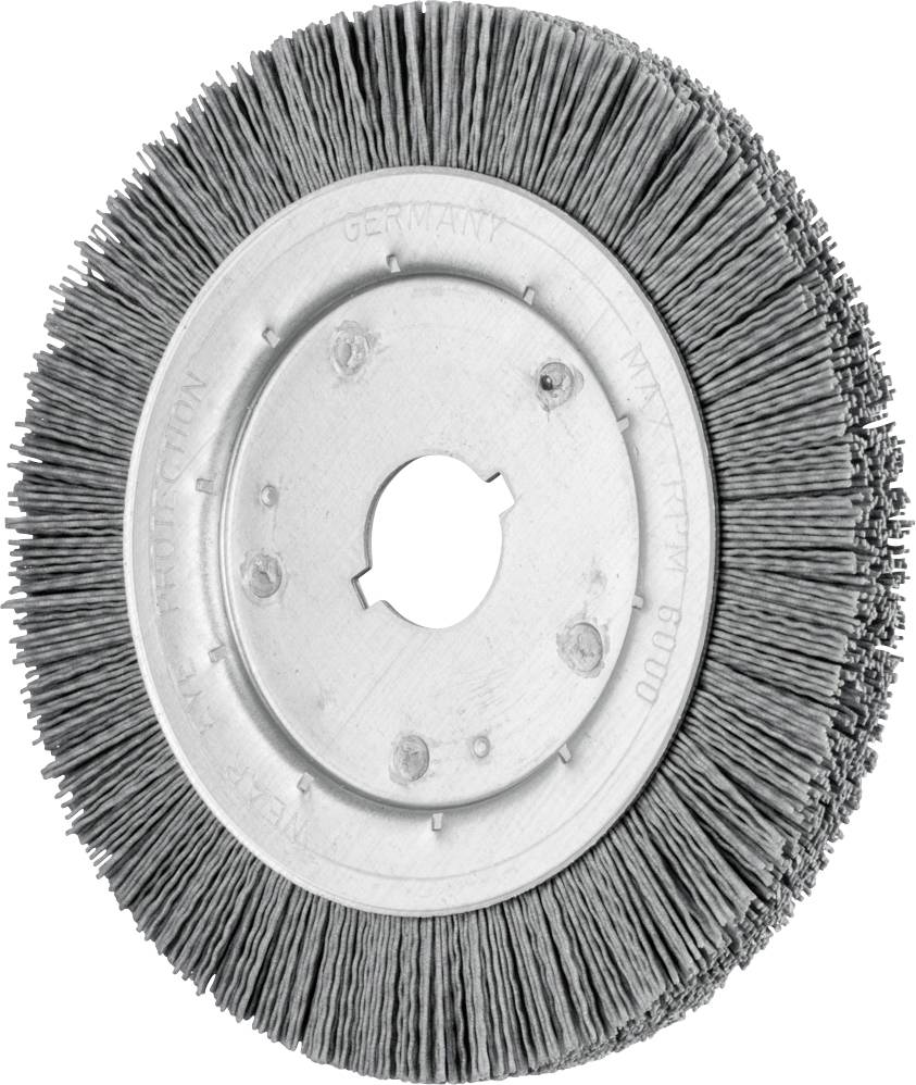 Drahtbürste in Scheibenform mit dichten Borsten aus Metall, geeignet zur Oberflächenbearbeitung und Reinigung von Materialien.