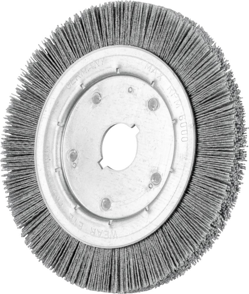 Runde Drahtbürste mit Metallkern, Borsten gleichmäßig angeordnet.